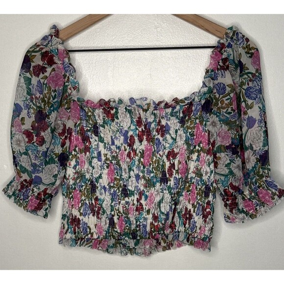 ASTR The Label Floral Smocked balloon Sleeve Top Small Pink Green Garden Party - Picture 3 of 4